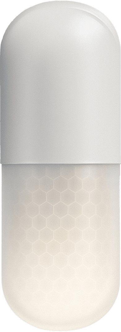 A capsule with an opaque grey cap and a translucent white body patterned with a fine honeycomb.