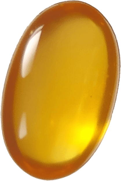 An oval soft gel in deep, translucent amber.