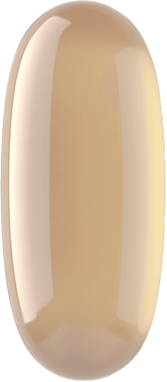 An elongated soft gel, pale amber and glossy.