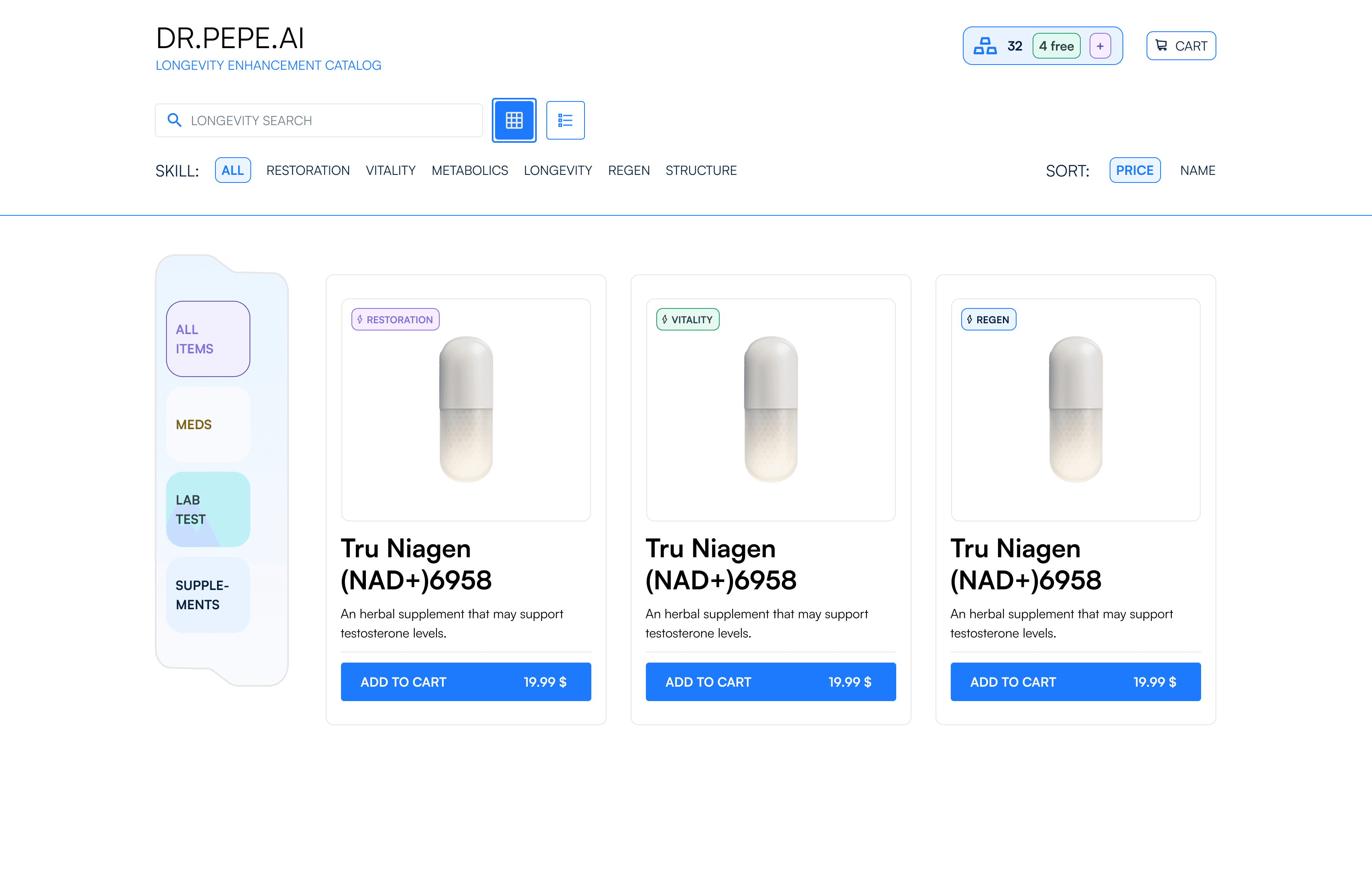 Final direction, catalogue: light product cards, each with a centred capsule, an outcome tag and a blue add-to-cart button.