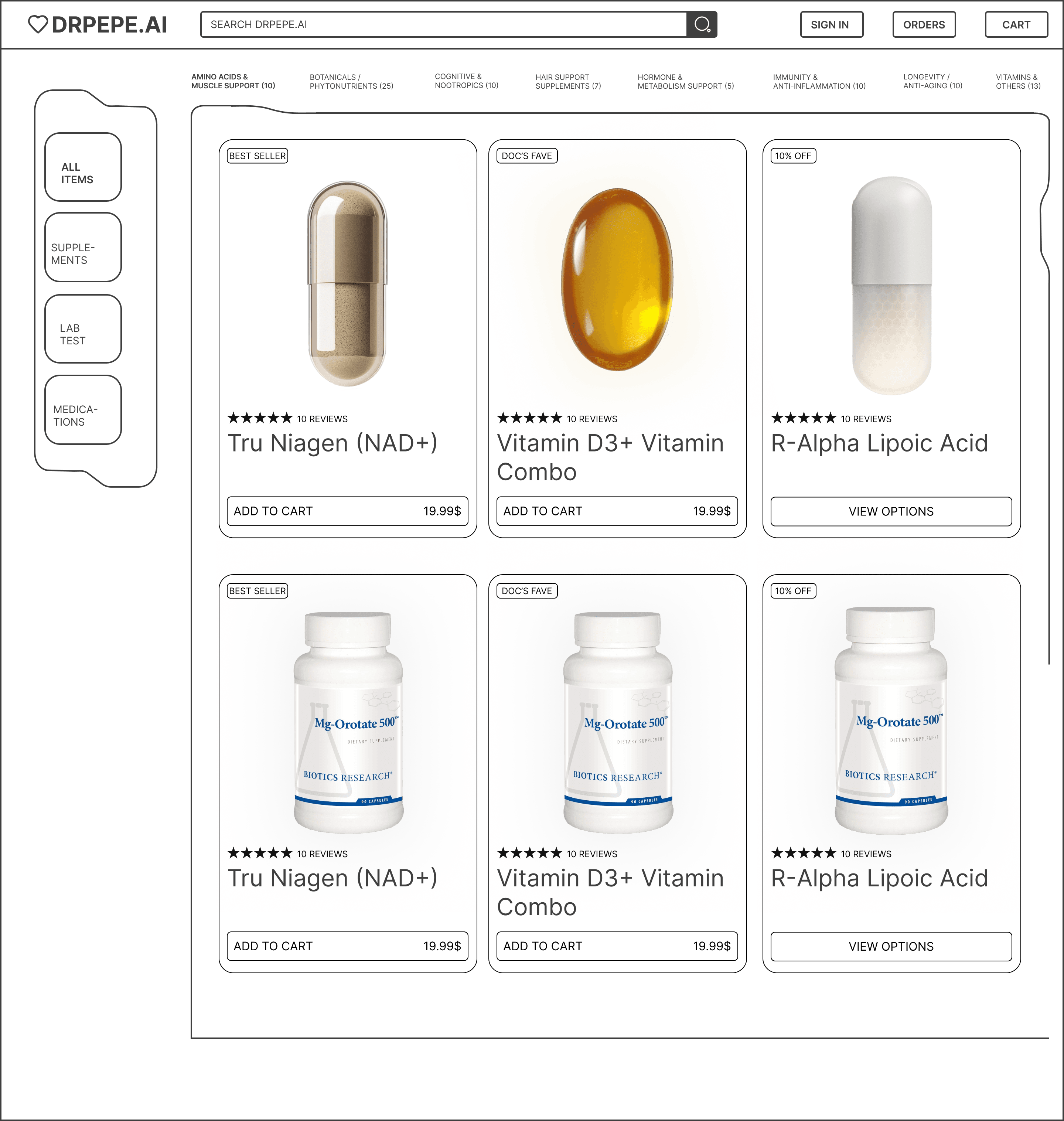 First direction, catalogue: outlined, wireframe-like product cards in a grid, with a column of agent shortcuts at the left.