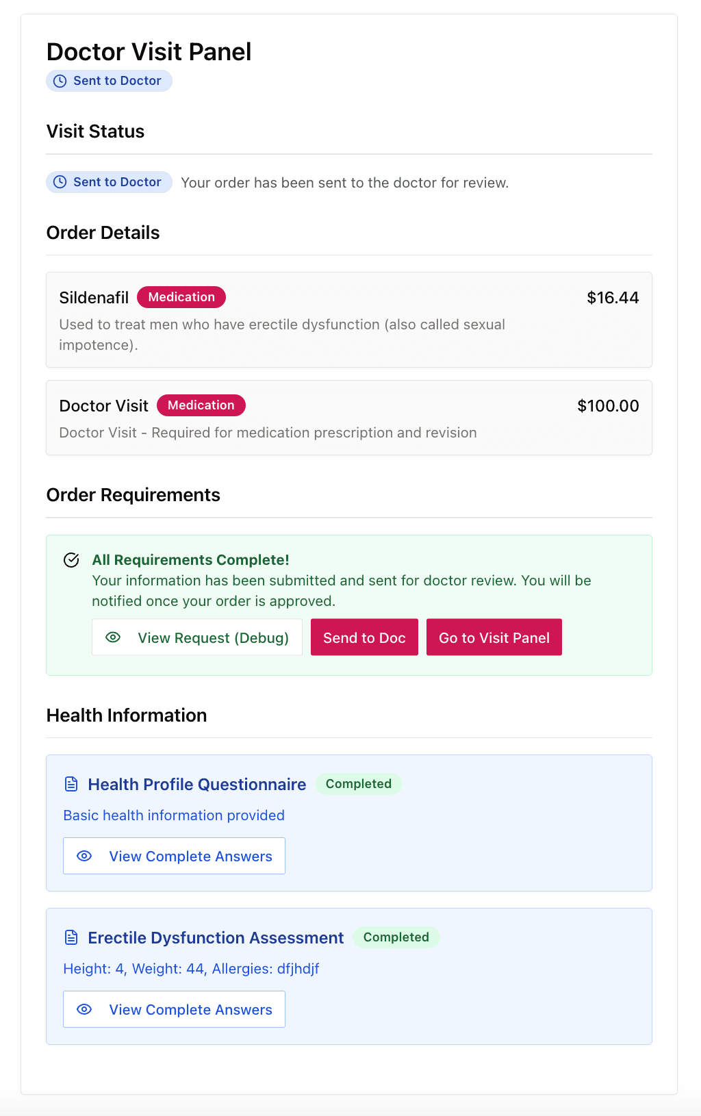 Working version of the same visit: one long column with the visit status, order details, order requirements with debug and send buttons, and the completed health questionnaires.